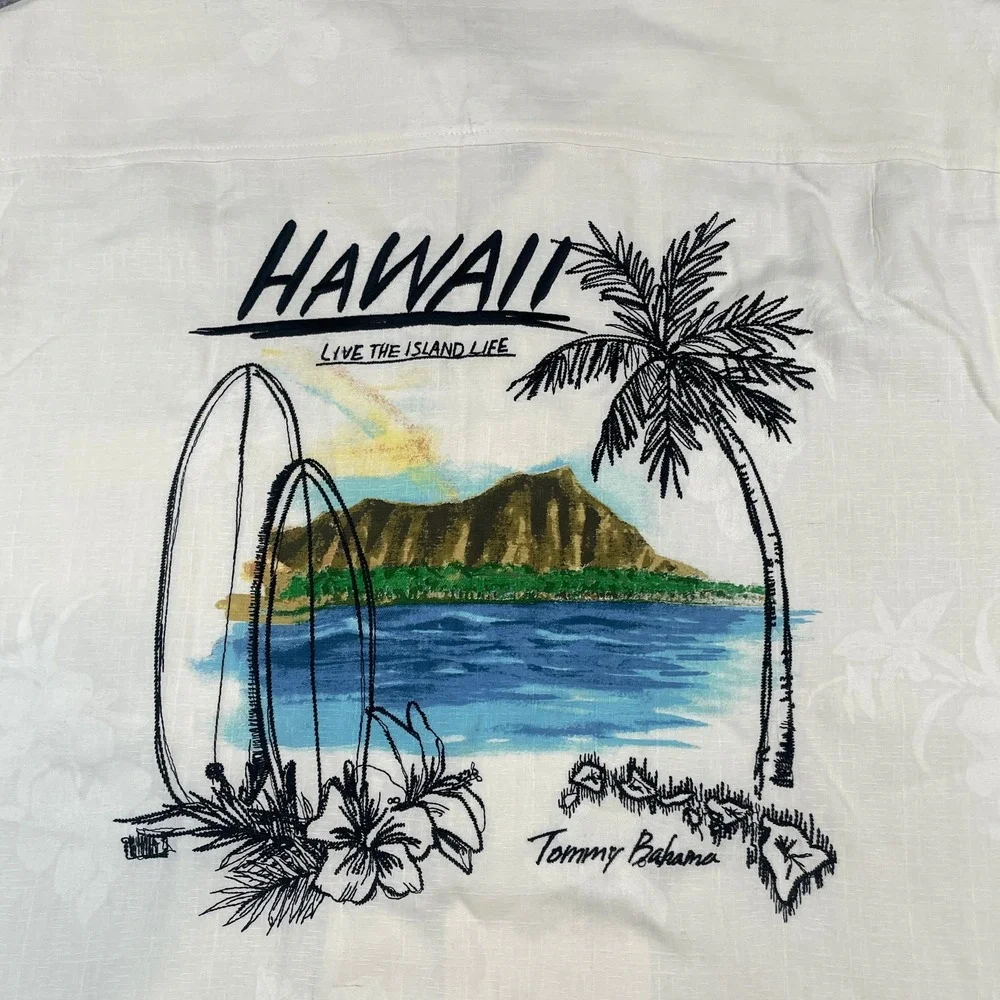 Tommy Bahama Mens Hawaiian Shirt Large Hawaii Graphic Silk Blend Cream